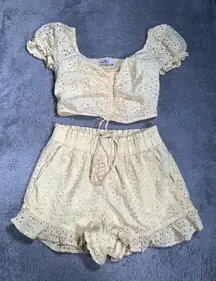 Hollister Light Yellow Eyelet 2 piece set shirt and shorts