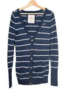 Hollister Women's Striped Y2K Cardigan‎ Sweater M Navy Blue White Rabbit Hair