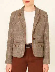 Lands End Glen Plaid Single Button Blazer Tan & Brown Leather Buttons Size 16