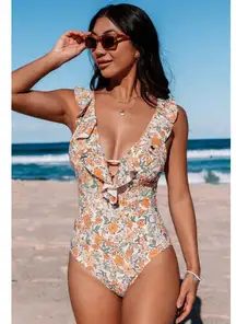 Cupshe Floral Plunge Ruffled Tummy Control One Piece Size M