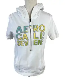 Aeropostale‎ Y2K Short Sleeve Hoodie Sweatshirt Womens Sz M White Half Zip Vtg