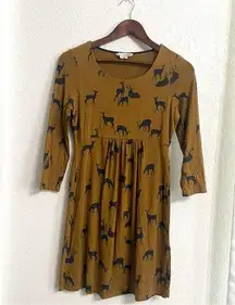 Boden Womens Dress Tan Brown Oh Deer Print Fit & Flare Jersey 3/4 Sleeve Size 6