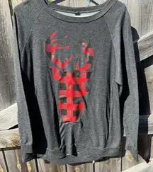 Lovely Souls Gray Buffalo Plaid Deer Graphic Raglan Long Sleeve Sweatshirt Top