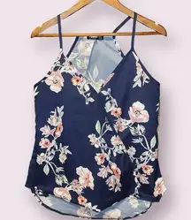 Yoins Navy Blue Floral Spaghetti Strap Halter-Style Blouse - size XL