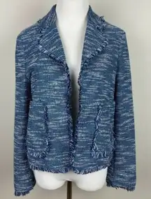Topshop Blazer Jacket 6 Tweed‎ Fringe Blue White Open Pockets Career Womens New