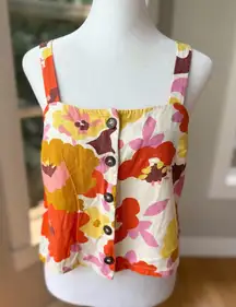 LUSH Poppy Ivory Pink Orange Floral Cropped Linen Button Front Tank Top Sz Small