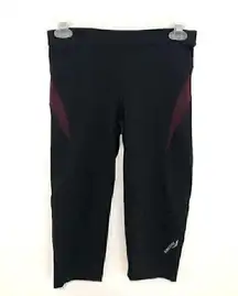 Saucony  Black Burgundy Maroon Stripe Trim Capri Capris Active Leggings Legging