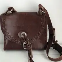 VINTAGE WHIP STITCHED THICK LEATHER PURSE SADDLE BROWN SADDLE BAG STYLE