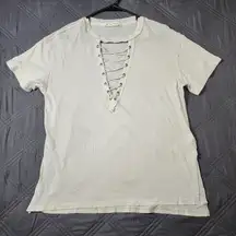 We The Free Small Beige Neutral Lace Up T-Shirt Short Sleeve Top Light Flowy