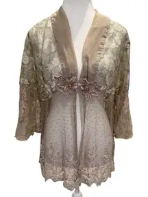 Rare Spencer Alexis VTG 90s Blush Gold Babydoll Lace Kimono Sheer Boho Fairy Lg