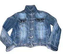 Maurice’s Wash Jean Jacket adorned with assorted patches women's medium