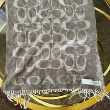 Large Coach F76384 Signature Twill Fringe Logo Wool Cashmere Scarf Grey Beige