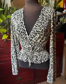 Pleated Leopard Print Wrap Blouse