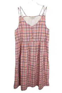 Loft  Plaid Strappy Button Midi Dress Multi Color Cotton Blend Lined Size 12