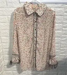 Floral button down blouse with tie sleeves. NWOT