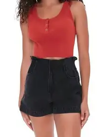 American Eagle Black Button Front High Rise Paperbag Denim Mom Shorts