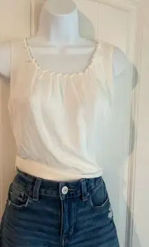 Tahari Eggshell White/Cream Ruffle Pleated Neck Tank Top Satin Blouse Sz X-Small