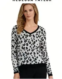 Rebecca Taylor Leopard Print V-Neck Lightweight High Low Sweater Top Size XS