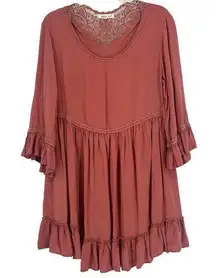 Indigo Soul Boho Tunic Dress Pink Lace Crochet Long Bell Sleeves Oversized Sz M