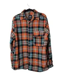 Zara Orange Plaid Shacket Thick Flannel Shirt Sz Medium Button Up