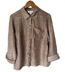 Coldwater Creek Shirt Silk Linen Blend Size L Brown ButtonUp Collared Textured