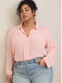 NEW Torrid Pink Madison Washable Gauze Embroidered Long Sleeve Shirt 1X