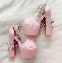 Dolls Kill Sugar Thrillz Pastel Pink Satin Charm Chain Platform Heels Shoes