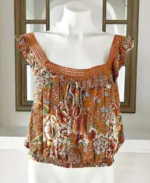 Rachel Zoe Floral Baloon Top Cropped Ruffled Shoulder Sleeveless Size M NWT