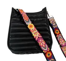 NWT Ah-Dorned Sarah Quilted Faux Leather Messenger Bag Black Embroidered Strap