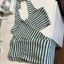 Double Zero Crochet Knit Blue and Lime Striped Halter Top and Flare Pants Size L