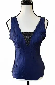 y2k vtg. Midnight Blue Beaded Crinkle‎ Top Blouse kOMAROVsize Medium