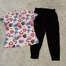 Sloths and Coffee Ladies Scrub Top Pink And Grey And Jogger Pants Size Large