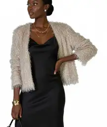 NWT Forever 21 Shaggy Metallic Open Front Jacket Womens S Beige Sparkly Glam NYE