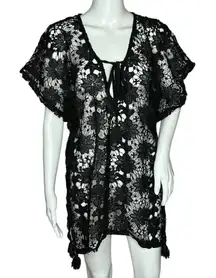 Unbranded Floral Crochet Beach Cover‎ Up Black Short Sleeve V-Neck Tie Neck XL