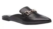 Black Leather Fortress Horse Bit Pointed Toe Slip On Loafer Mules