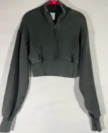 AERIE OFFLINE THROWBACK CROP CORSET SWEATSHIRT HALF ZIP DISTRESSED GRAY‎ NEW