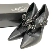 Alice‎ & Olivia Size 9 Black Leather Silver Studded Dover Moto Pump Ankle Strap