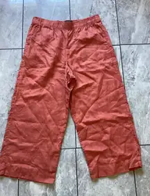TAHARI Linen Cropped Wide Leg Pants Coral Elastic Waist Women's L
