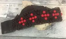 Beaded leather crochet stretch snap belt Medium