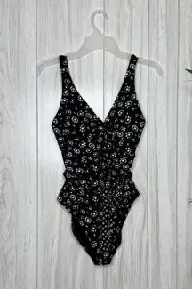 Ann Taylor Loft Beach Floral Daisy Tie Waist Faux Wrap One Piece Swimsuit size 2