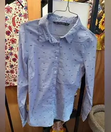 Basic Collection Blue Stripe Bicycle Long Sleeve Button Up Shirt Womens M