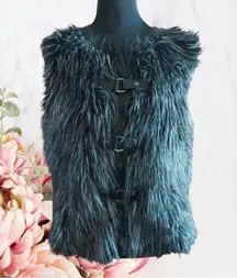 Jones New York Signature Women's Black Faux Fur Zip Up & Snap Strap Vest Siz L