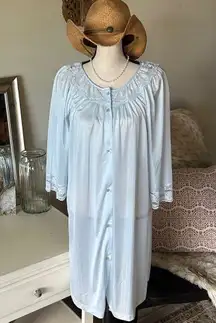 VTG baby blue nylon sheer lace trim button down nightgown midi dress S M L XL​