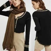 [Free People] Black Rainbow Henley Long Sleeve Waffle Knit Thermal Top Sz Small