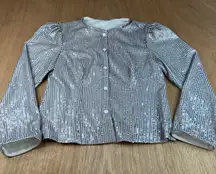 Women’s Sequin Button Up Top Silver Long Sleeve Party Holiday Blouse Size S