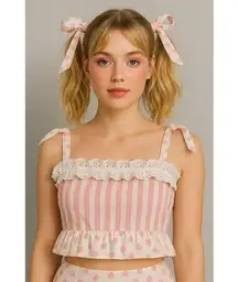 DOLLSKILL Sugar Thrillz Hold Your Applause Ruffled Crop Top Pink Polka Dots Sz S