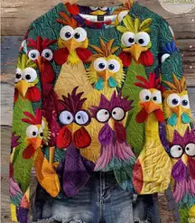 Lune Colorful Chicken Pullover Crew Neck Sweatshirt Women’s 8/10 New