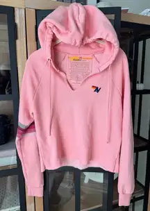 Aviator Nation hoodie raw hem stripes embroidered logo vneck split sweatshirt