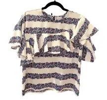 Mud Pie Womens Top M Ruffle Sleeve Striped Blue Pink Black Textured Casual