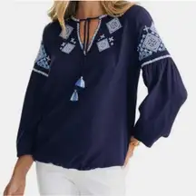 Southern Tide Top Womens Small Navy Blue Embroidered Tassel V Neck